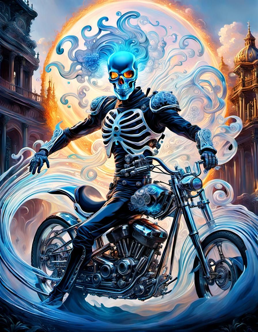 Transparent Ghost Rider Dreamscape with Quantum Flowers