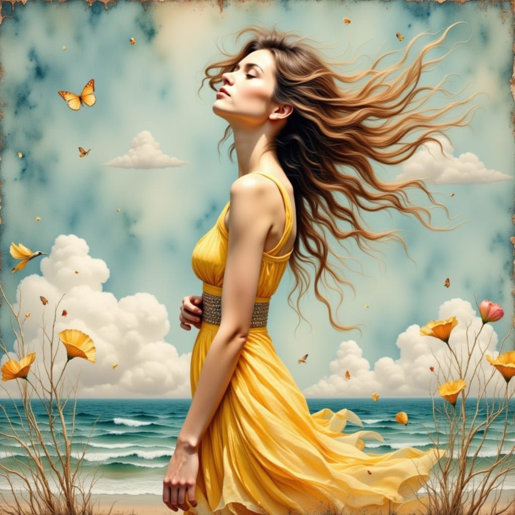 Young Woman Embraces Summer Rain in Impressionistic Style