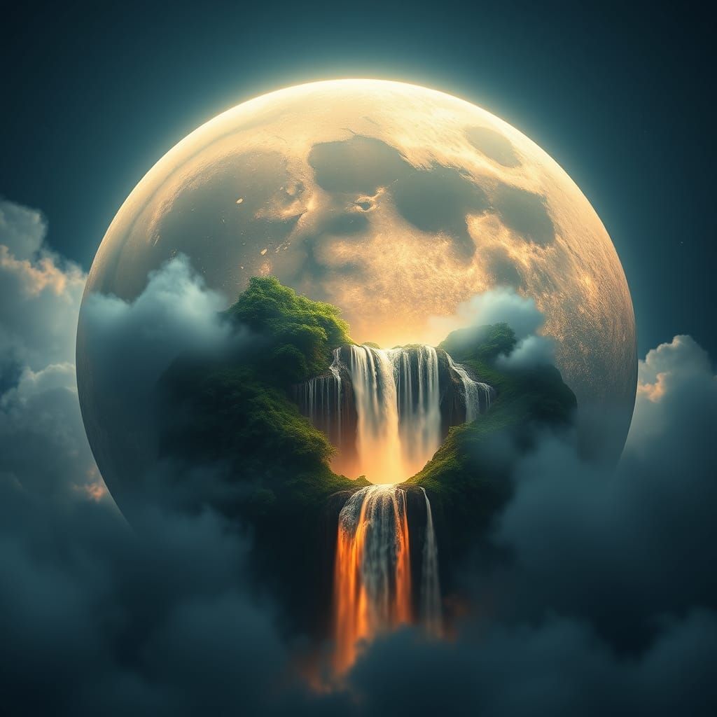 Hyperrealistic Moon with Waterfall Landscape
