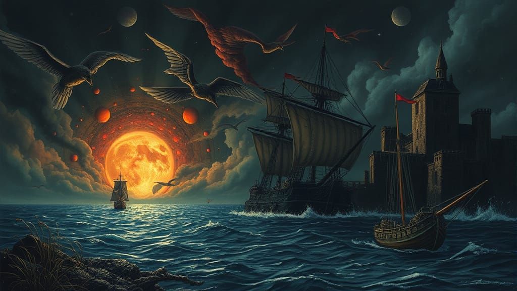 Ethereal Hellish Seascape in a Dreamlike Art Style