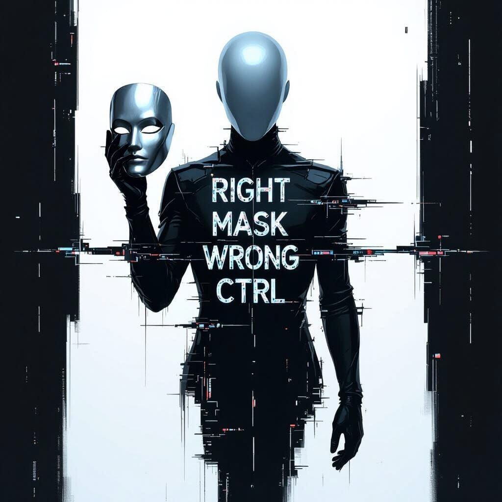 Futuristic Figure Holds Glitching Silver Mask