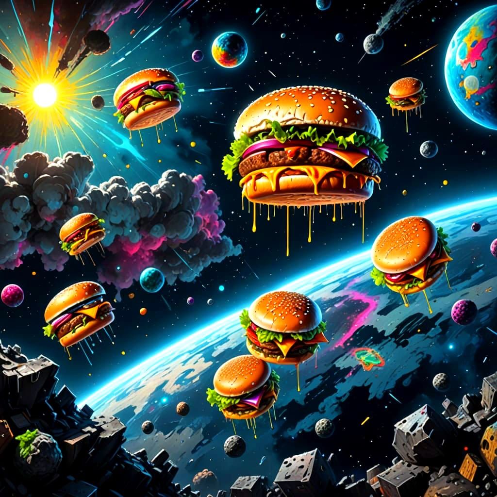 Vibrant Cheeseburgers in Cosmic Splash Art