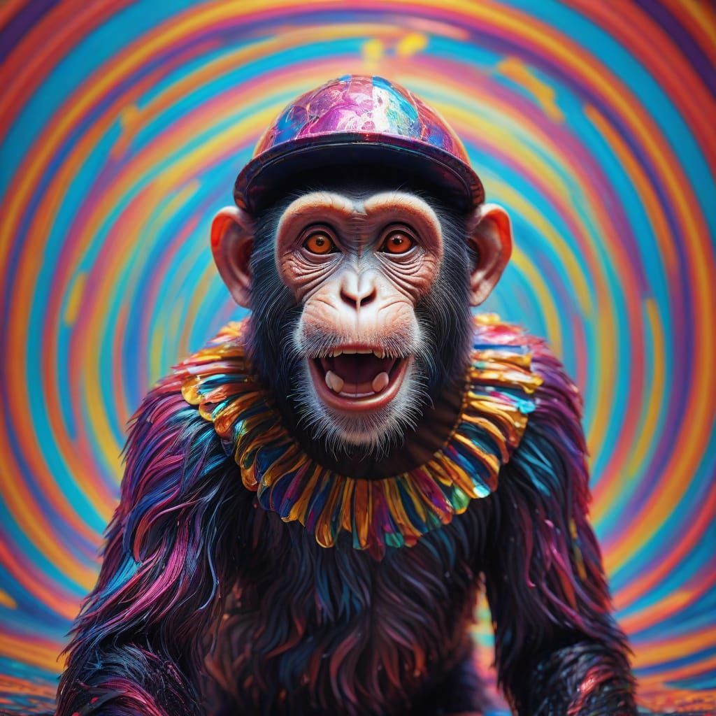 Joyful Circus Monkey Mime in Vibrant Iridescent Tent