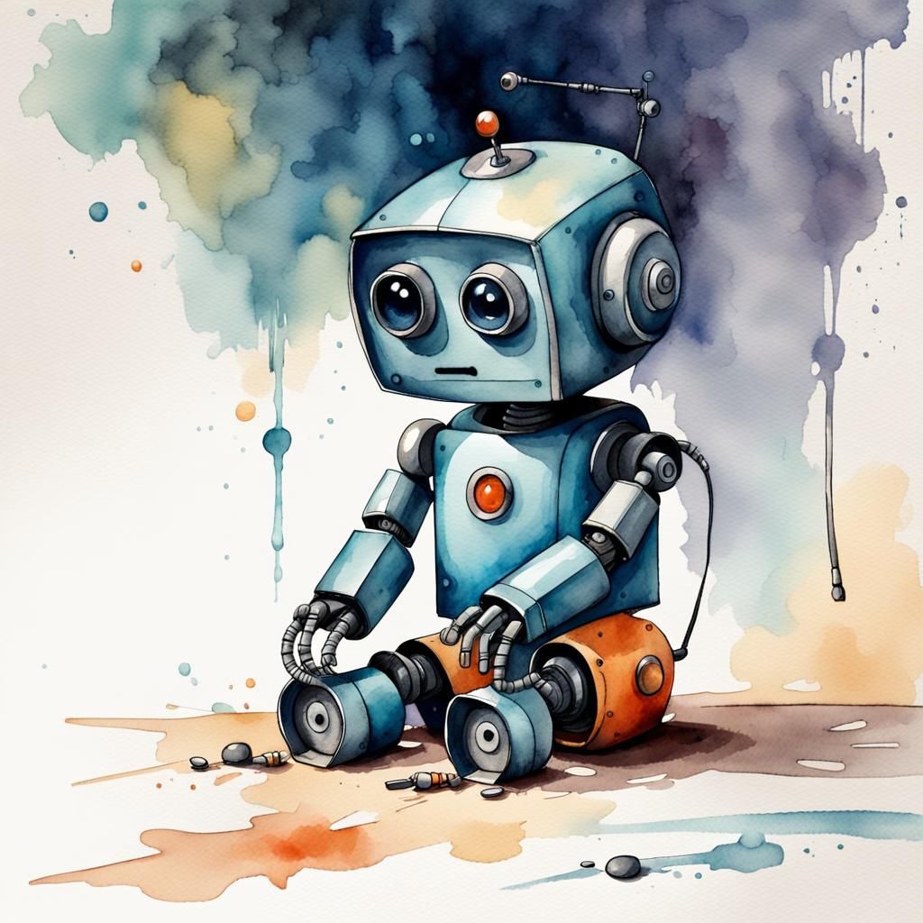 Adorable Little Robot in Watercolor Style