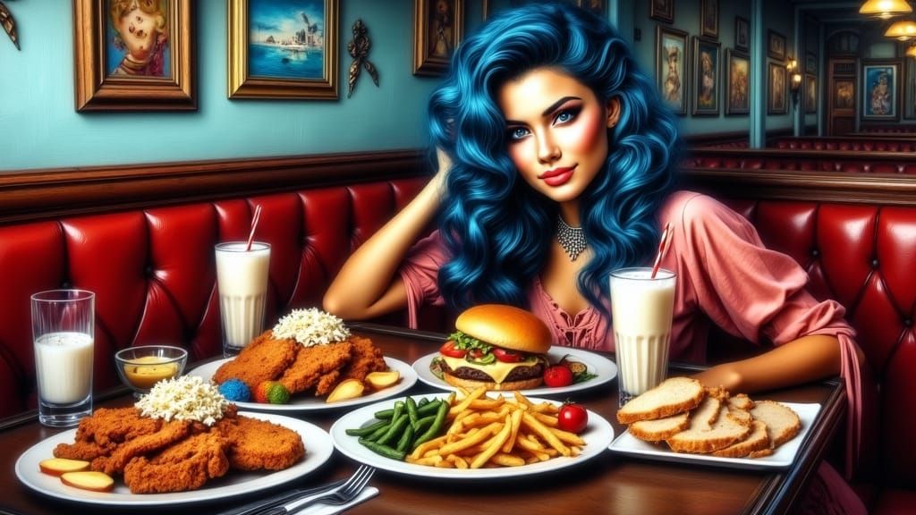 1950s Diner Scene With Blue-Haired Woman and Classic Meals