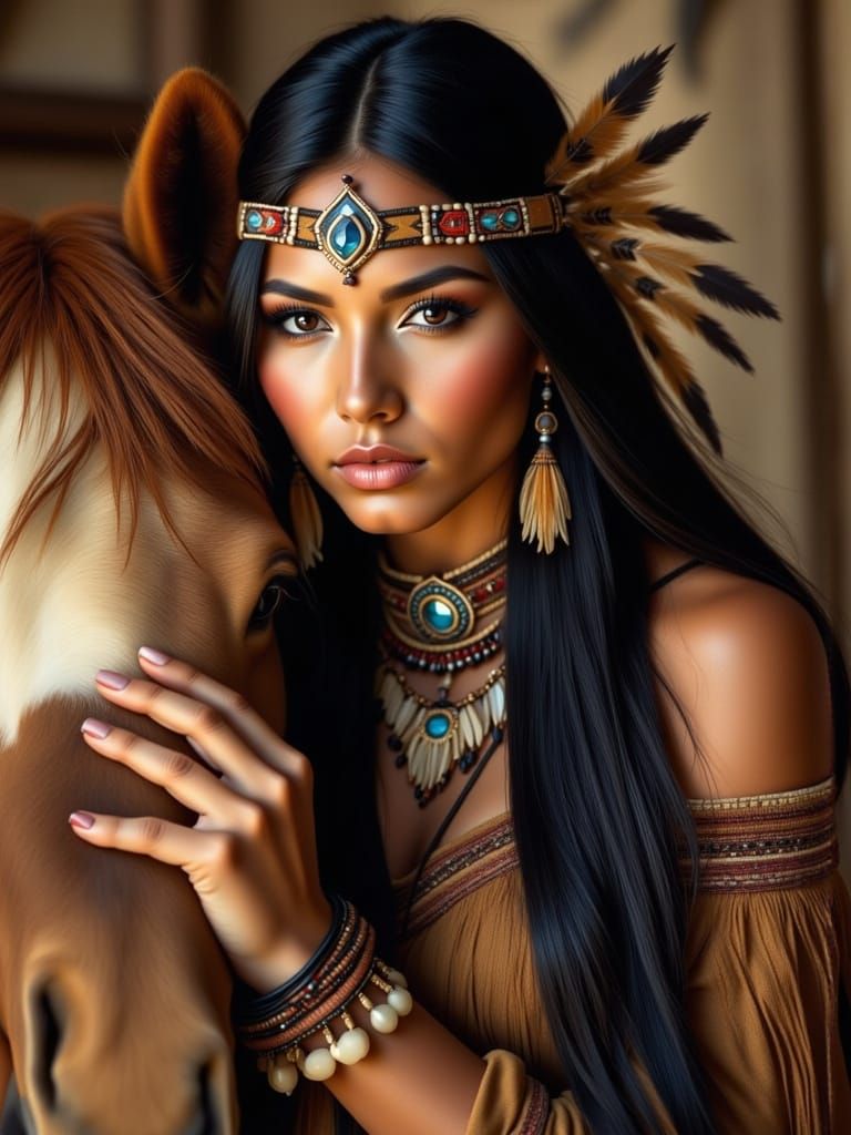 Native American Woman and Pony in Earthy Style
