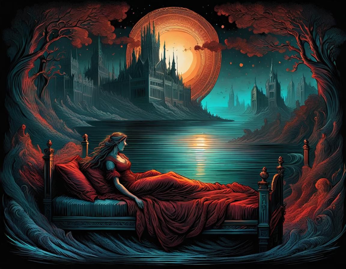 Colorful Sleep Deprived Woman Inspired by Doré and Mumford