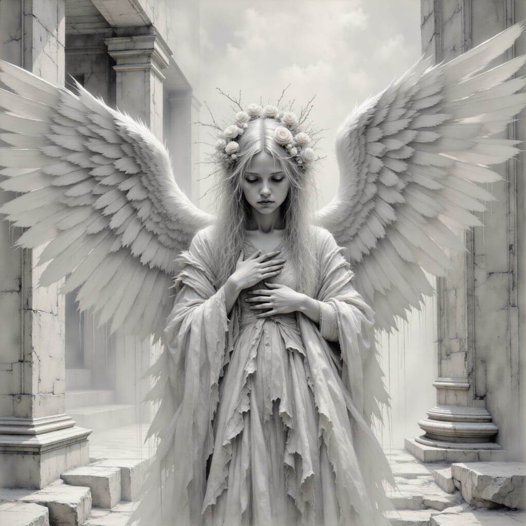 Fallen Angel in Ruins: Hyperdetailed Oil Painting