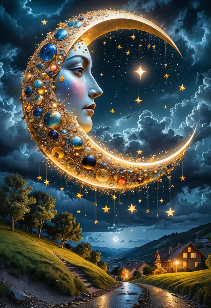 Surreal Moon and Stars Over Twilight Hillside