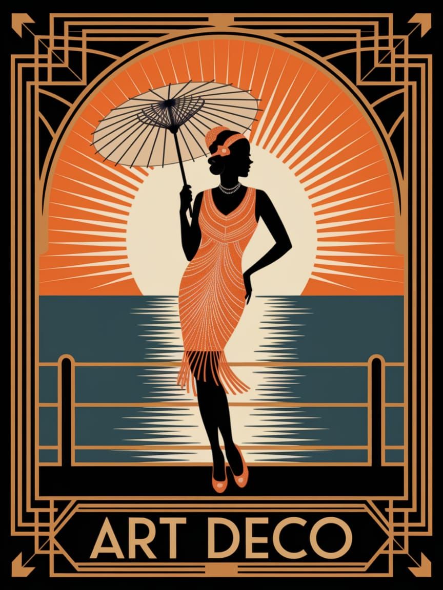 Art Deco Glamour: Woman in Orange Dress on Sunrise Pier
