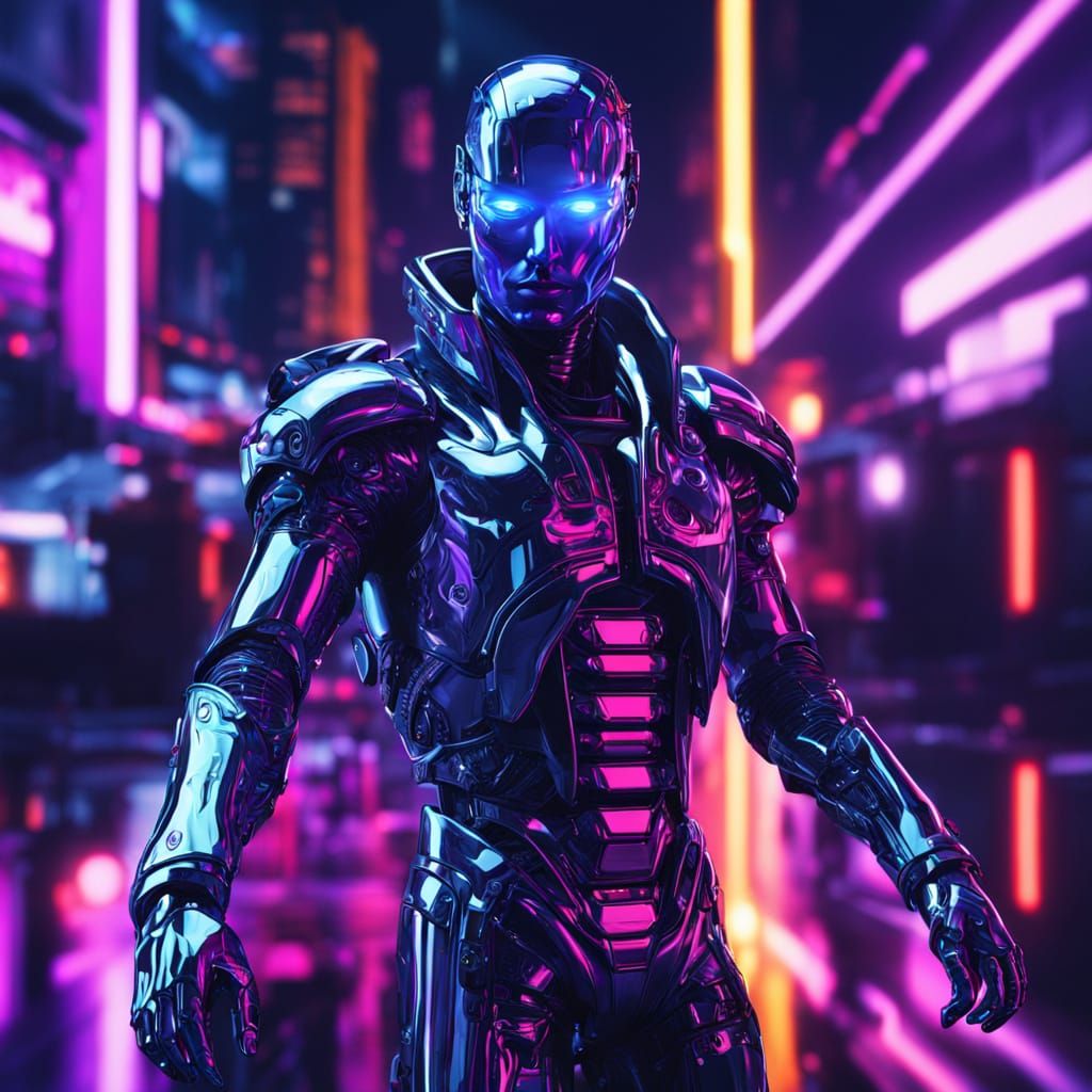 Sleek Cyberpunk Figure in Liquid Chrome, Neon Accents, and D...