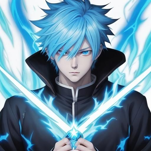 Anime Boy with Blue Fire Powers in Manga Style