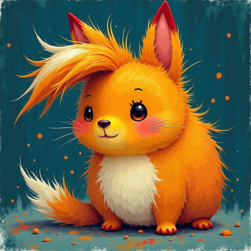 Vibrant Chibi Feline in Acrylic Palette Knife Style