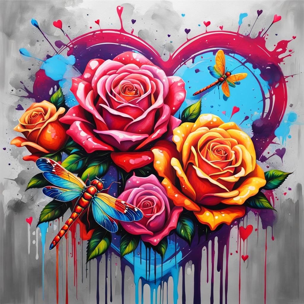 Super bright Roses, hearts and dragonflies