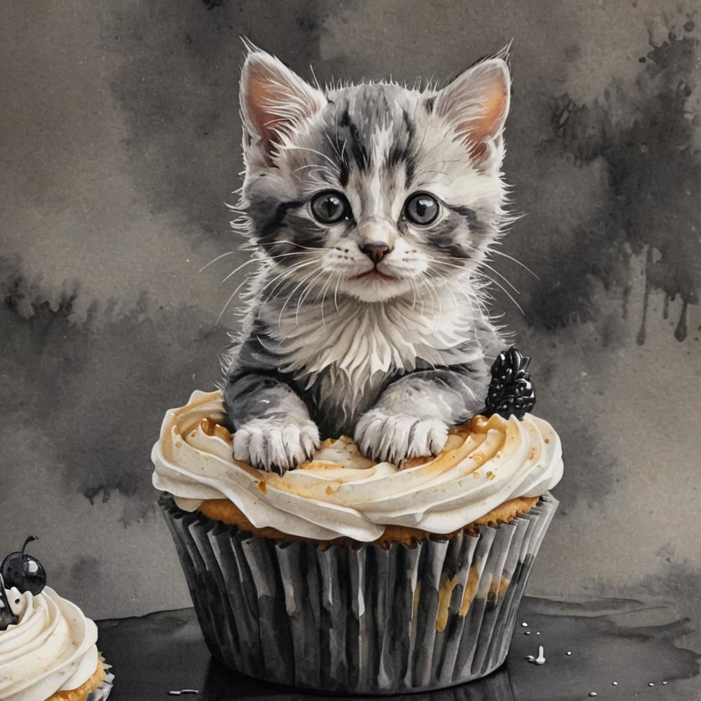 Kitten on Cupcake: Ink and Watercolor Line Drawing