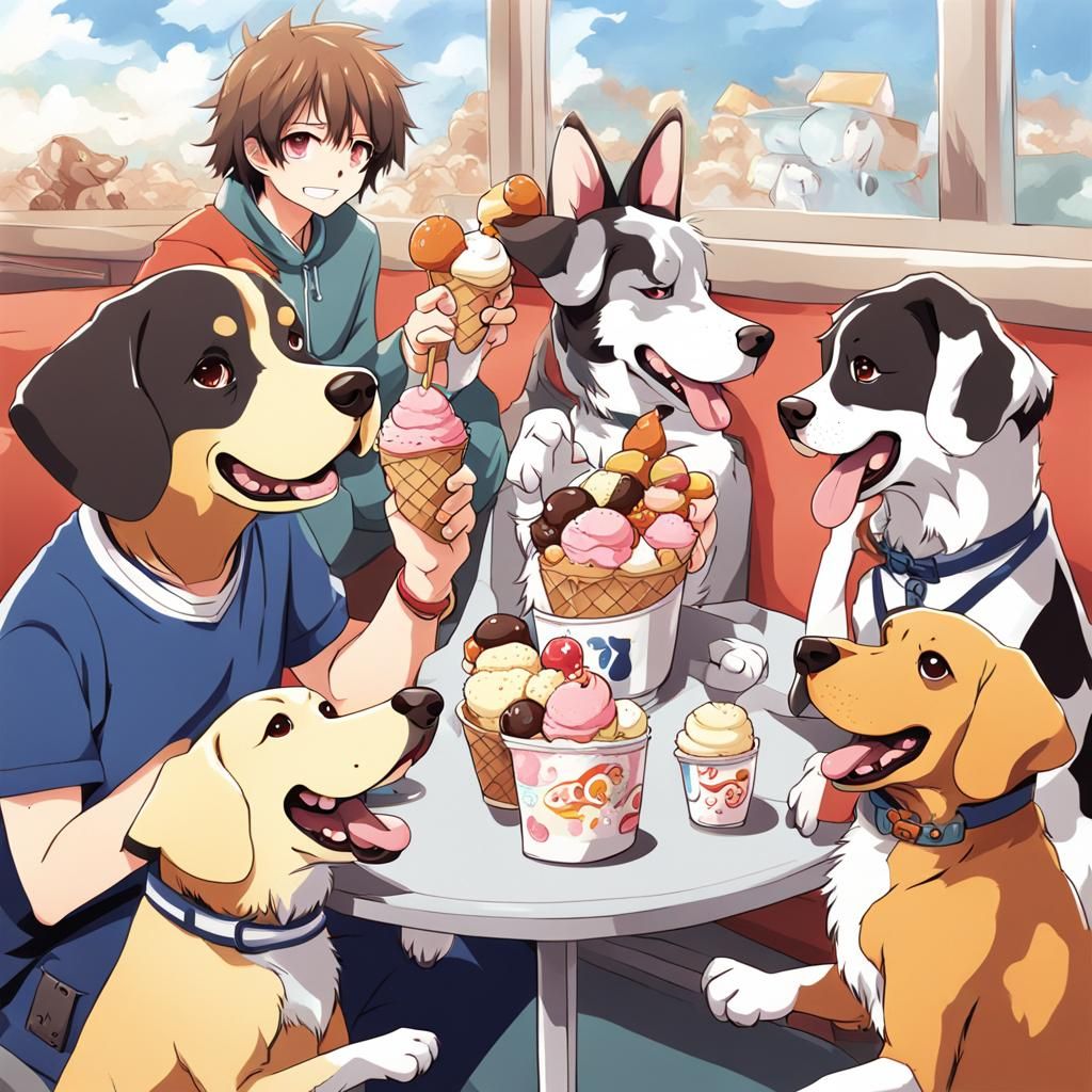 Dogs Eating Ice Cream in Anime Style