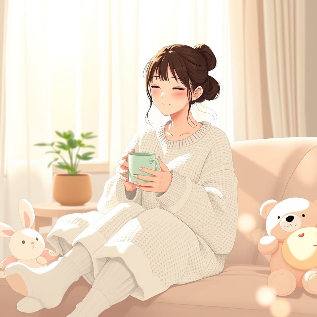 Serene Morning Lounge Scene in Pastel Anime Style