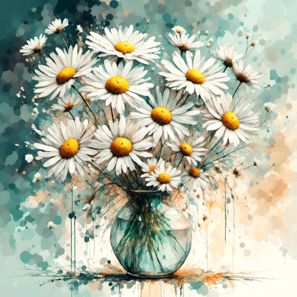Daisies in Vase: Glitch Art Vector Illustration