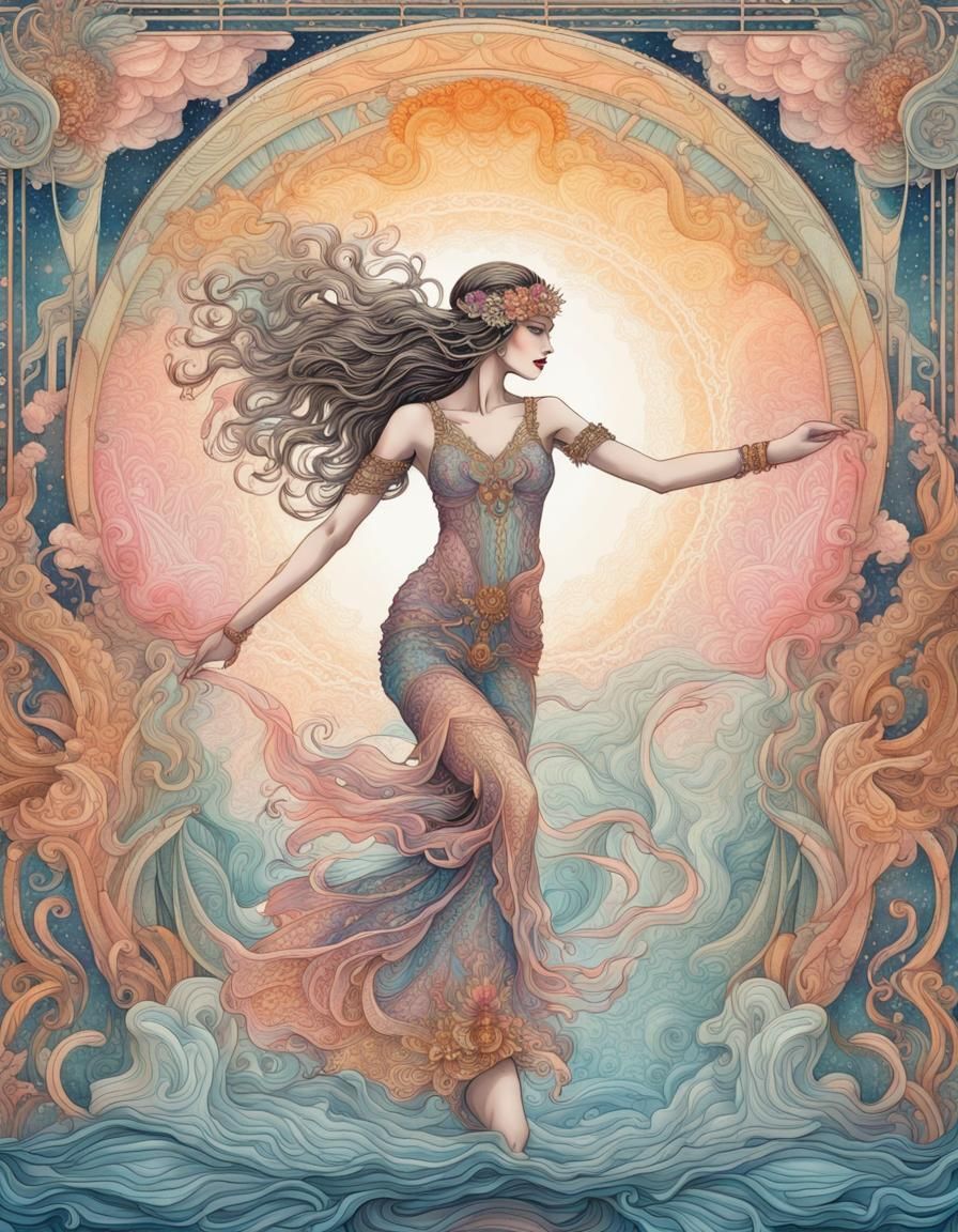Art Deco Celestial Goddess Dancing by Water