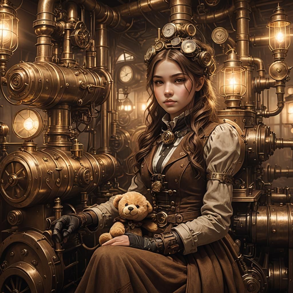 Girl and Teddy in Steampunk Engine Room