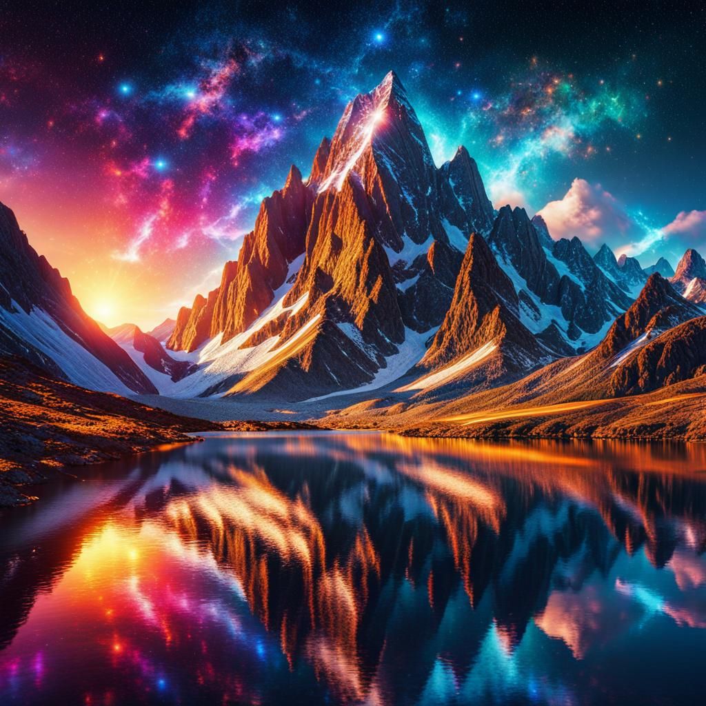 Holographic Mountain Landscape in Cosmic Illustration Style