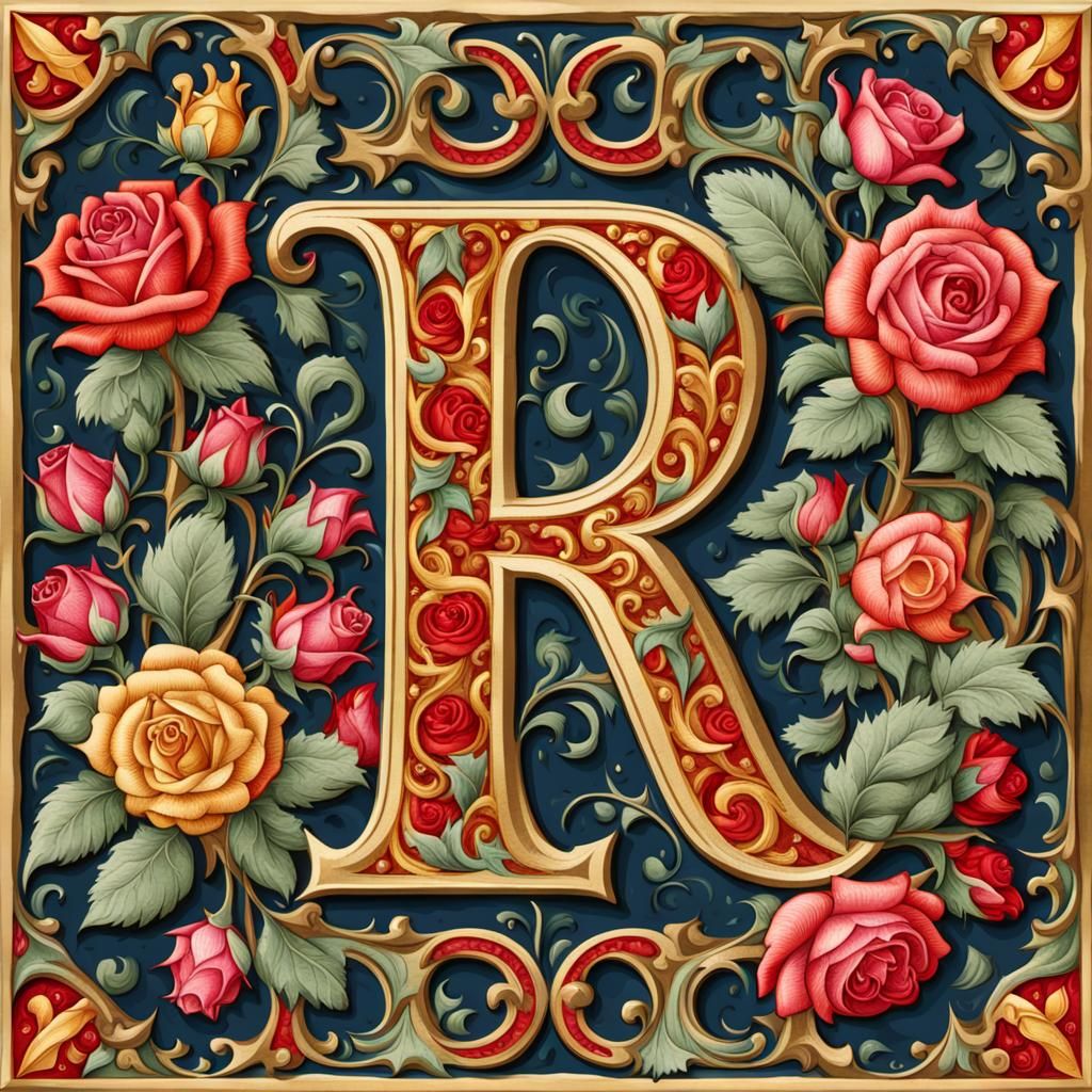 Illuminated Letter R with Roses in Medieval Style
