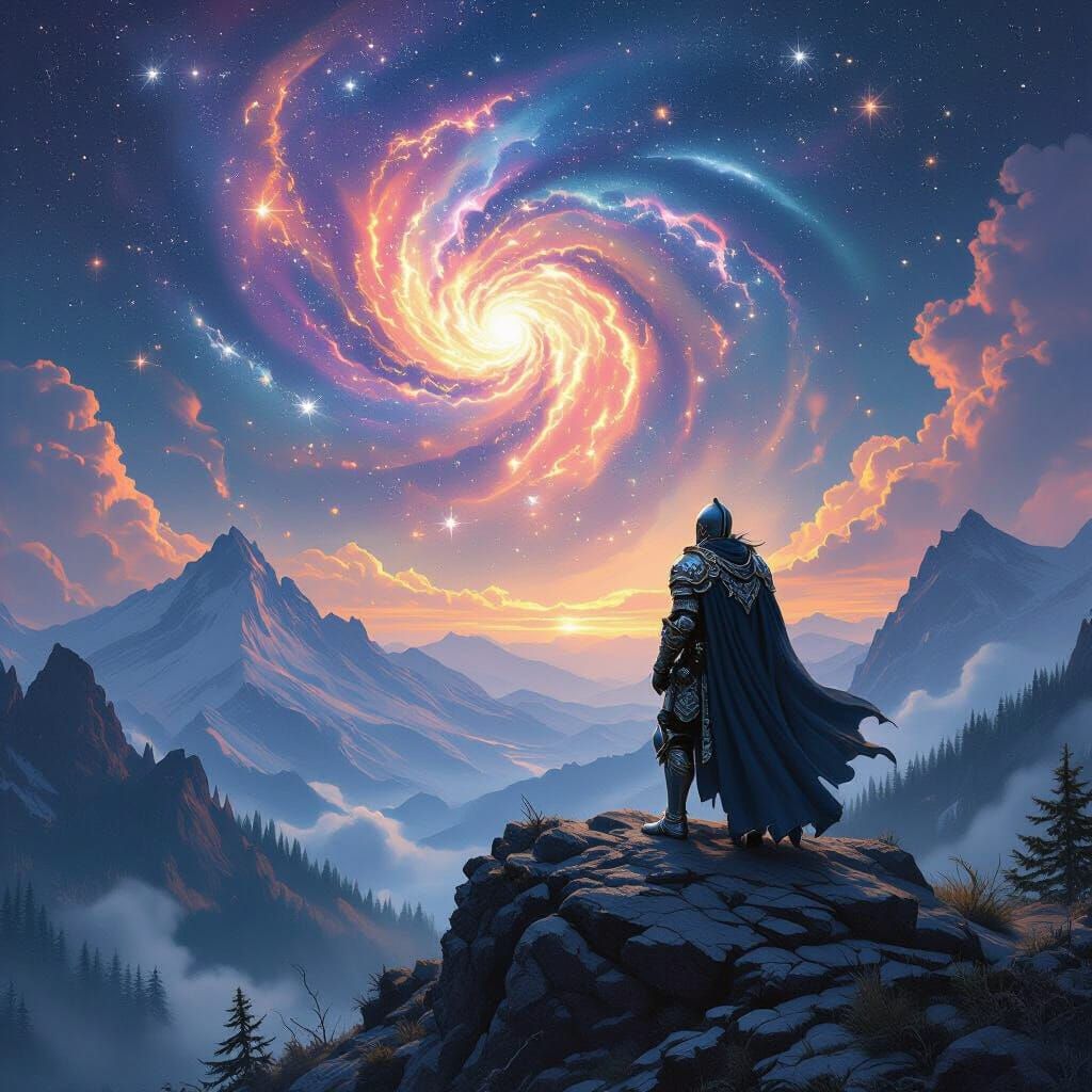 Knight Gazes at Nebula on Mountain Peak