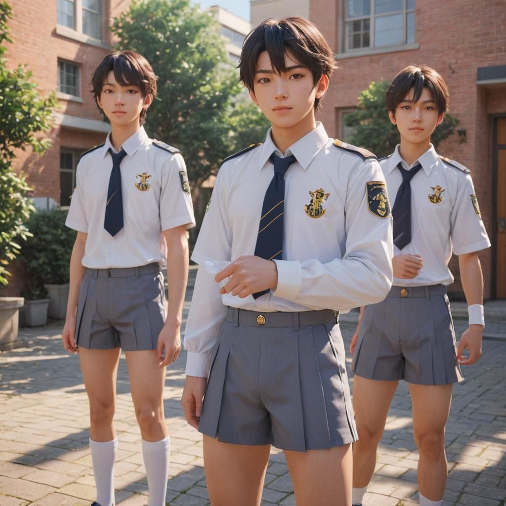 Anime Cheer Boys in School Courtyard: 3D Render