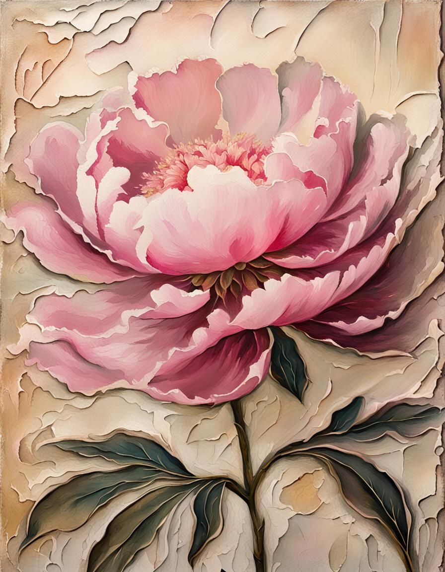 Sgraffito Peony Painting with Distressed Texture