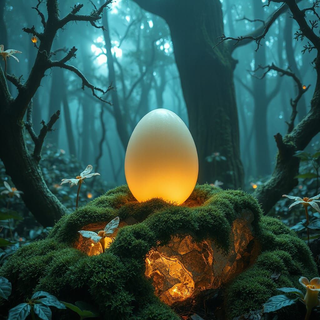Serene, Glowing Ovum in a Mystical, Iridescent Forest