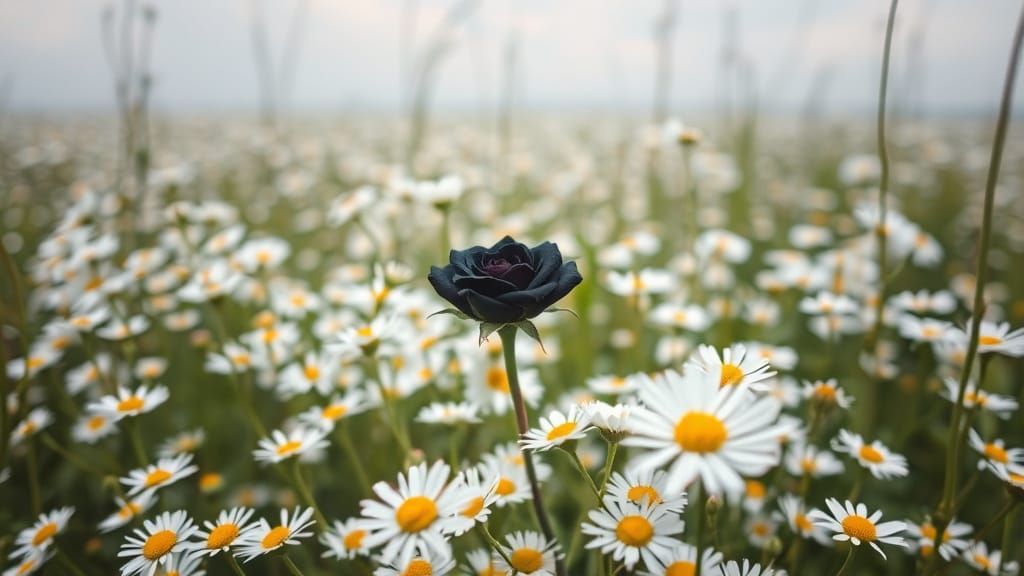 A Black Rose Blooms Amidst a Field of White Daisies