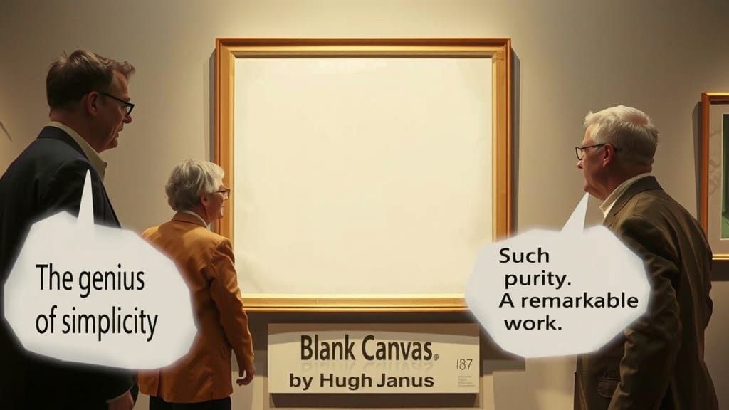 Art Critics Ponder Blank Canvas in Cinematic Museum Scene