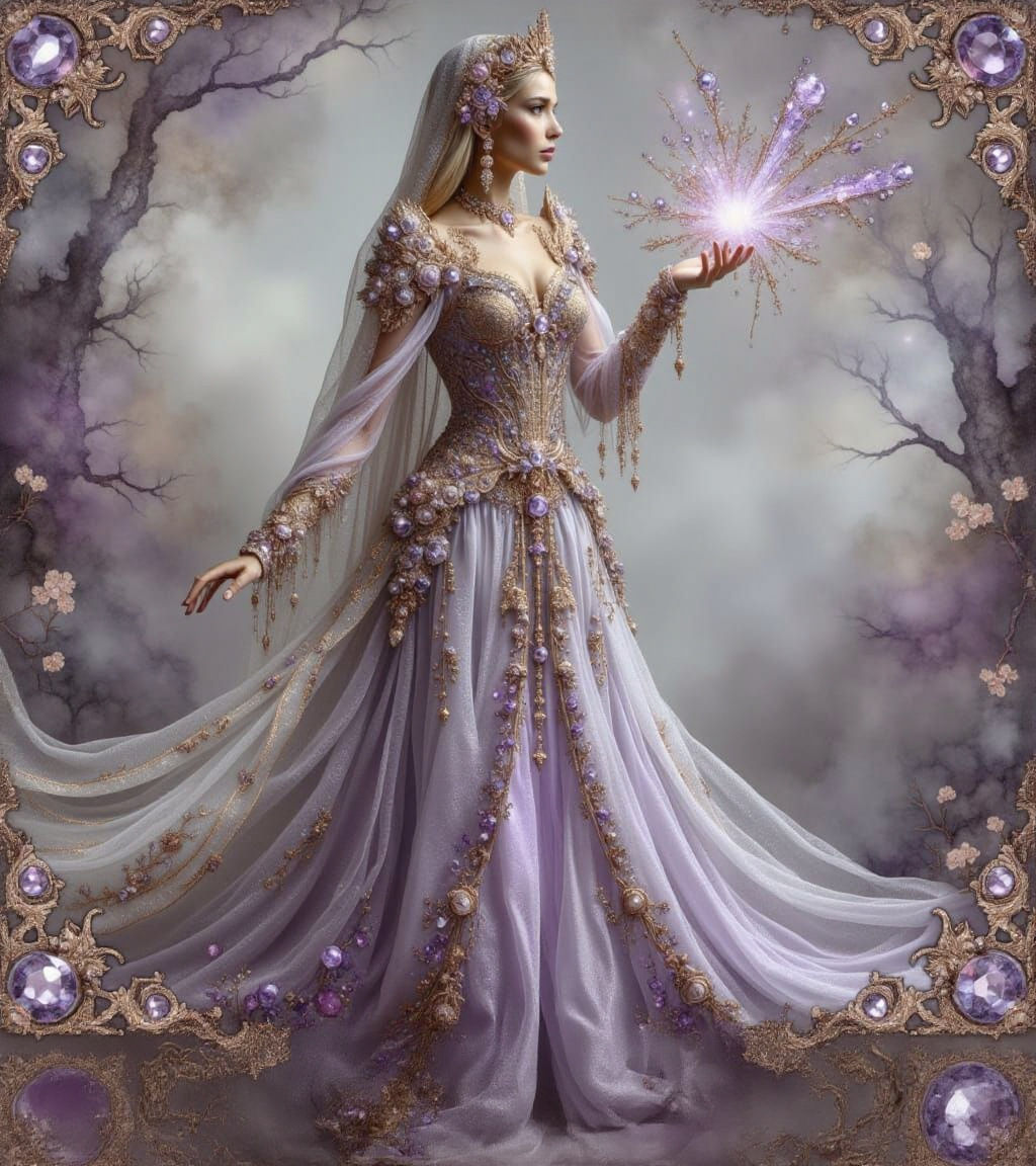 Fantasy Princess in Lavender and Gold Metallic Dress