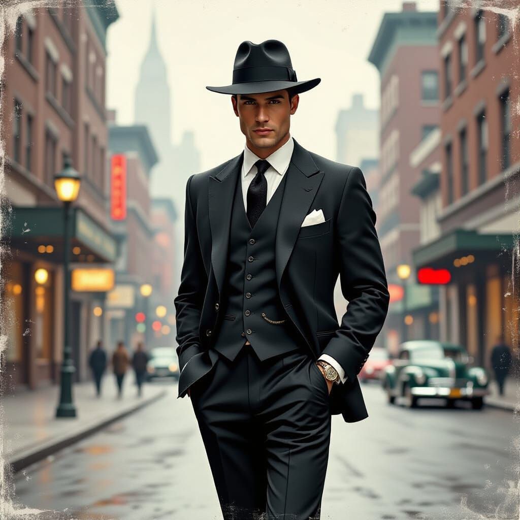 Dapper Man in Retro Urban Setting, Art Deco Style