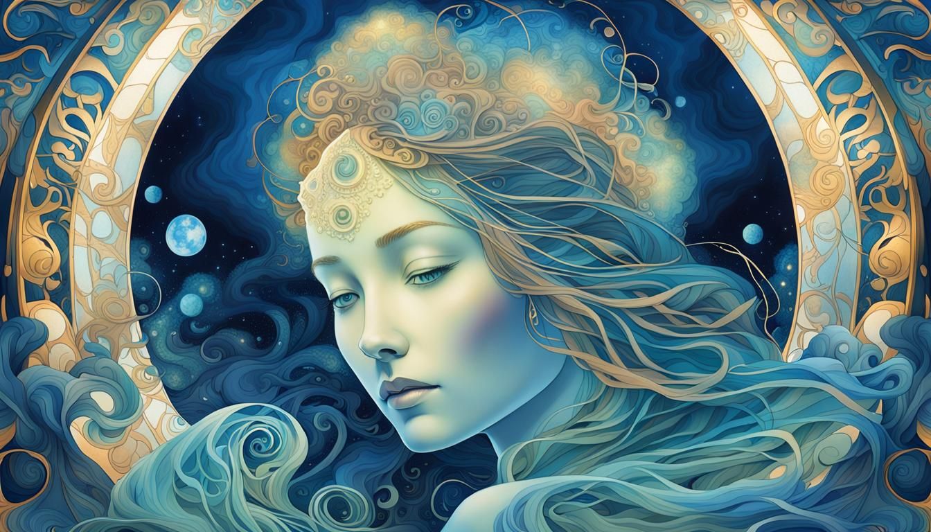 Ethereal Woman with Auroral Fractals in Art Nouveau Style