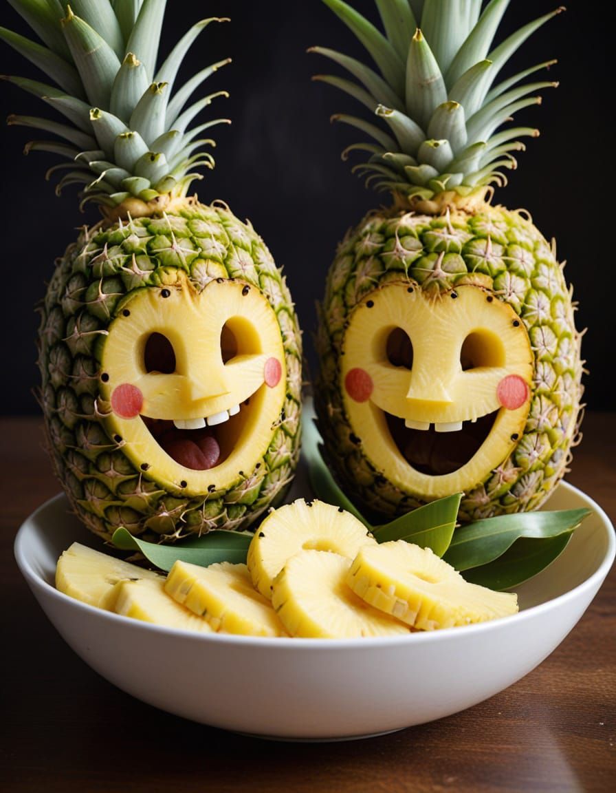 Two Happy Pineapples Sharing a Bowl of Fresh Fruit