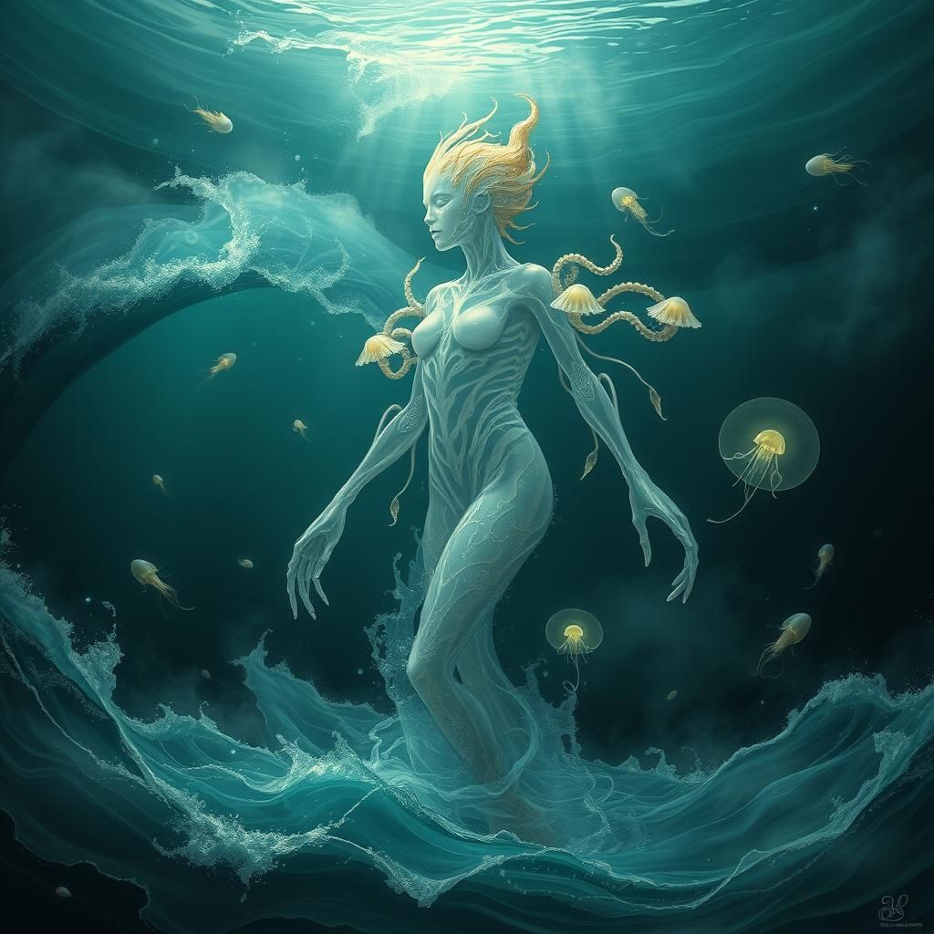 Ethereal Water Spirit Rising from the Turquoise Sea