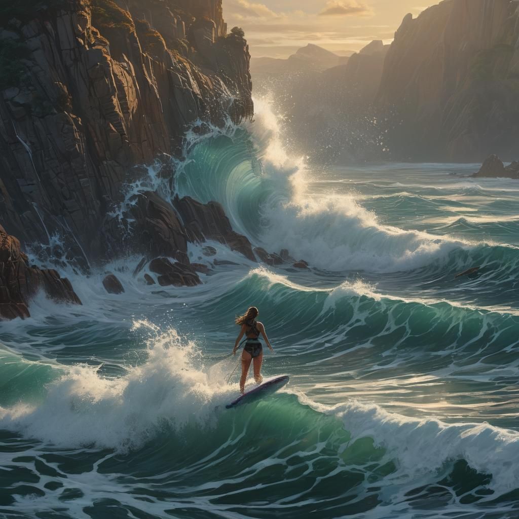 Surfer Girl with Sea Monsters in Cove