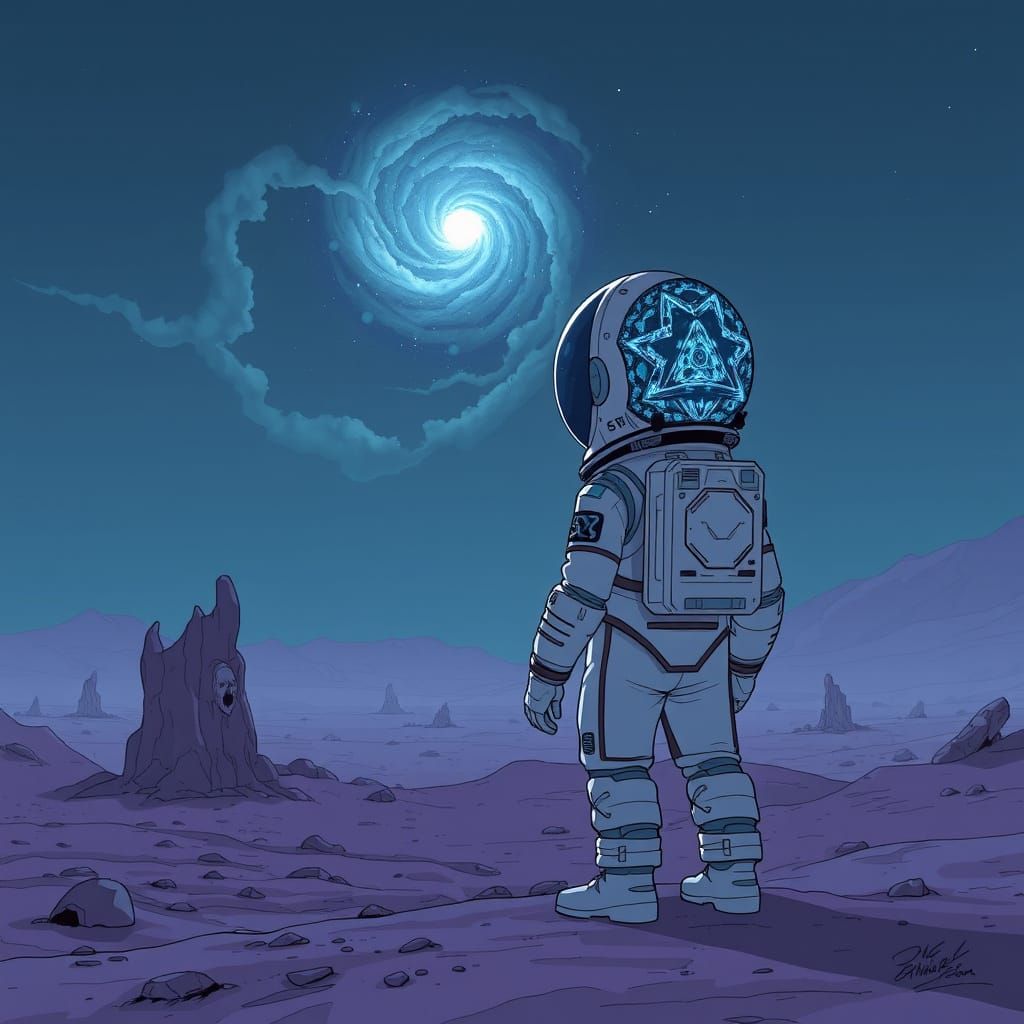 Astronaut on Alien Planet Gazing at Nebula