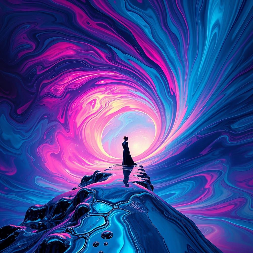 Surrealism. A figure stands at the edge of a vortex made of liquid chrome