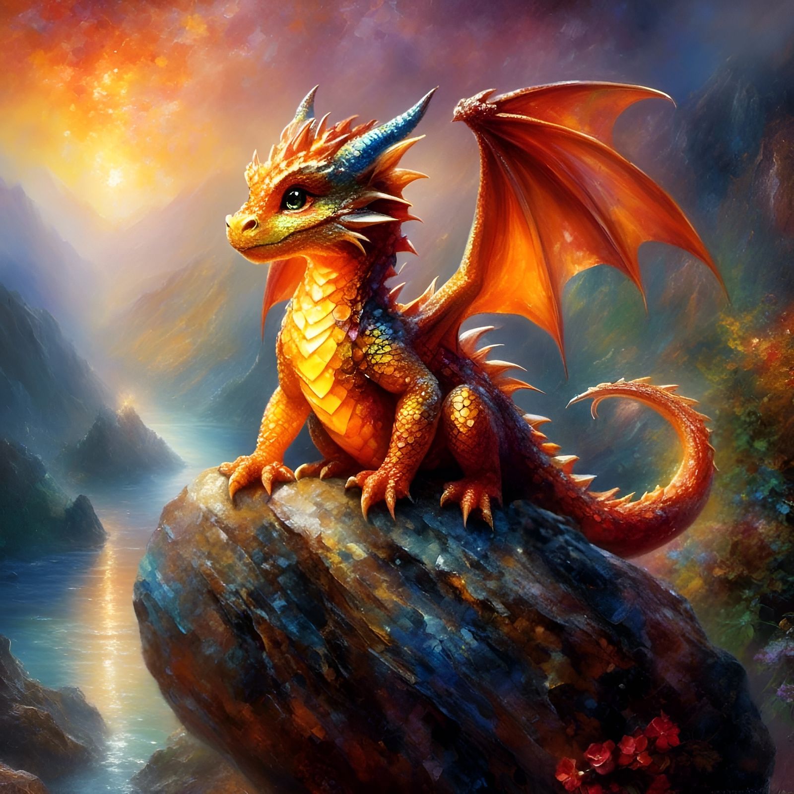 Cute Dragon on Rock, Detailed Fantasy Art