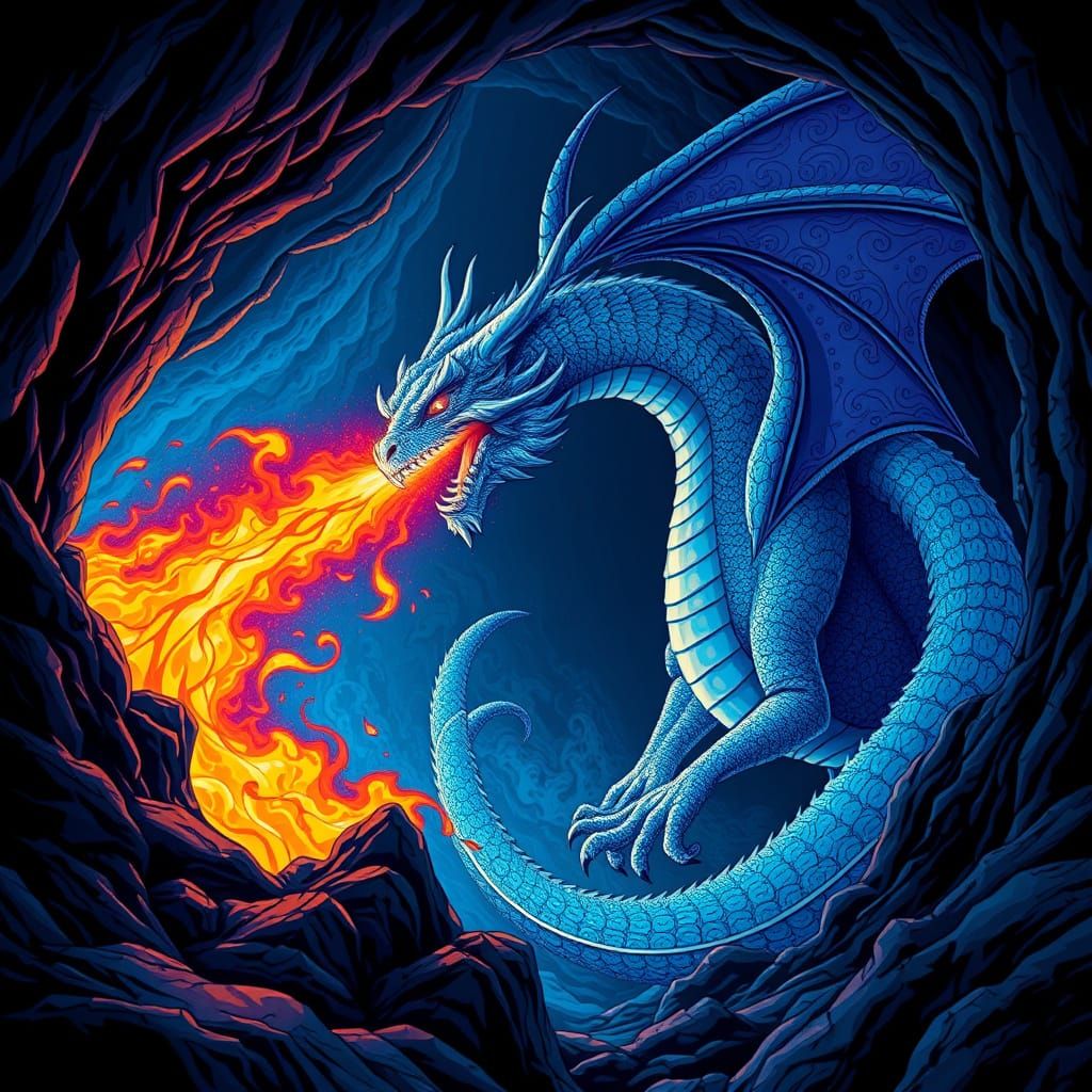 Majestic Dragon Breathes Fire in Abstract Fractal Cave