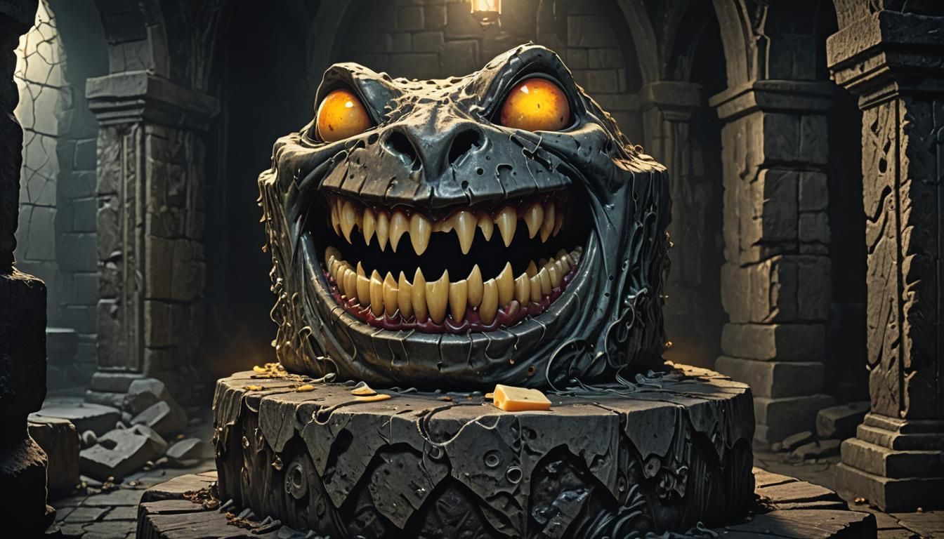 Gothic Cheese Idol in Dimly Lit Chamber