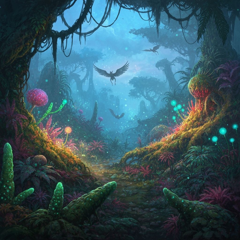 Vibrant Twilight Jungle with Bioluminescent Flora and Winged...