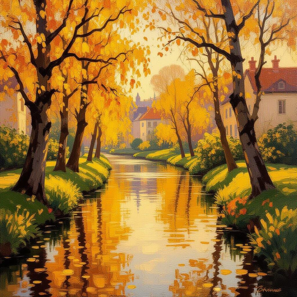 Golden Spring Leaves Impressionistic Oil Painting