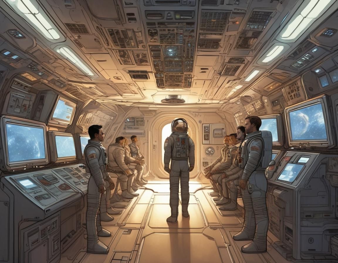 Life on Spaceship with Floating Astronauts in Comic Book Sty...