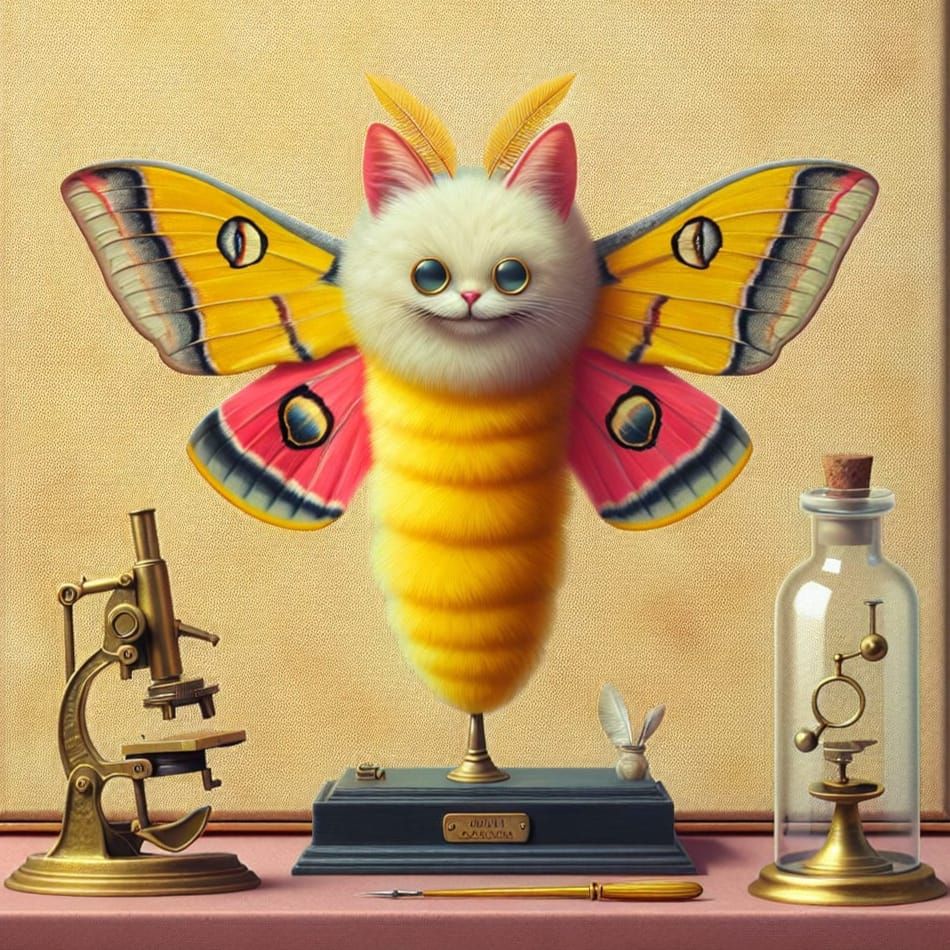 Surreal Cat-Headed Moth in Ukiyo-e Style