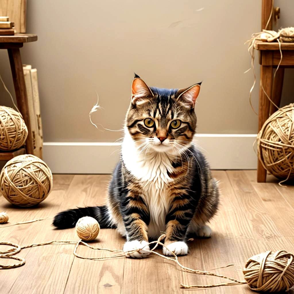 Playful Cat Engrossed with String Ball