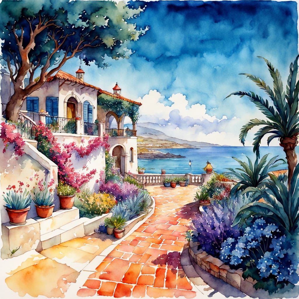 Enchanting Mediterranean Garden Watercolor Illustration