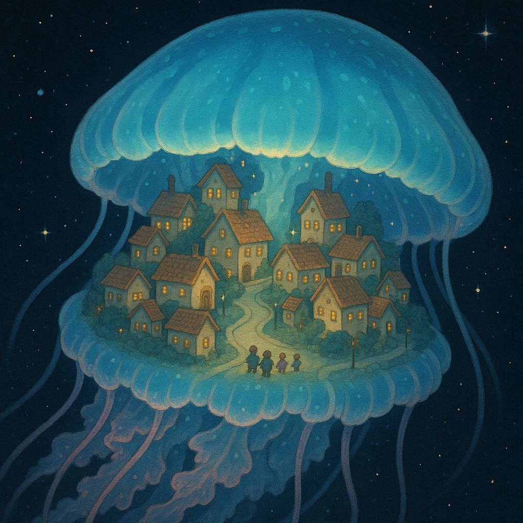 Bioluminescent Jellyfish Village in Space: Ghibli Style